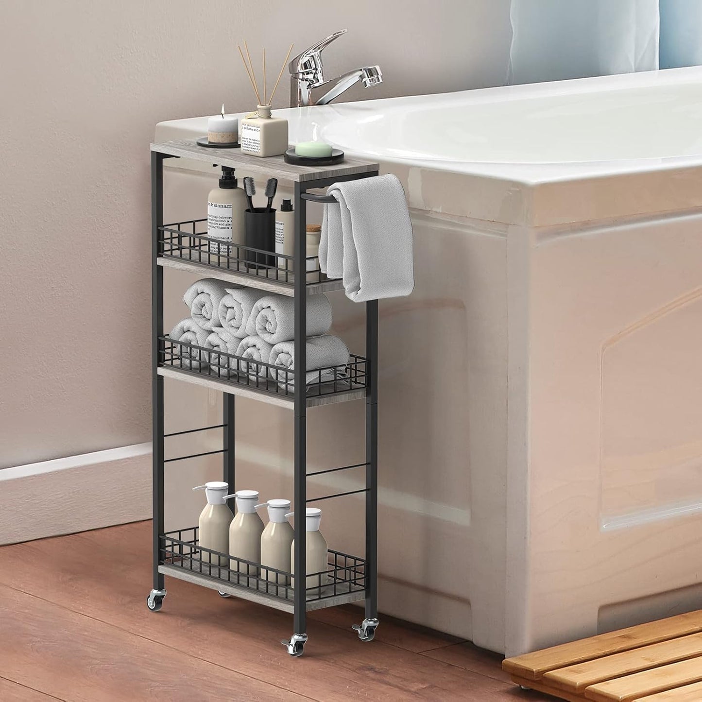 CADUKE 4 Tier Slim Storage Trolley, Narrow Kitchen Trolley on Wheels, Utility Rolling Cart with Wooden Table Mobile Shelf Unit Bathroom Storage