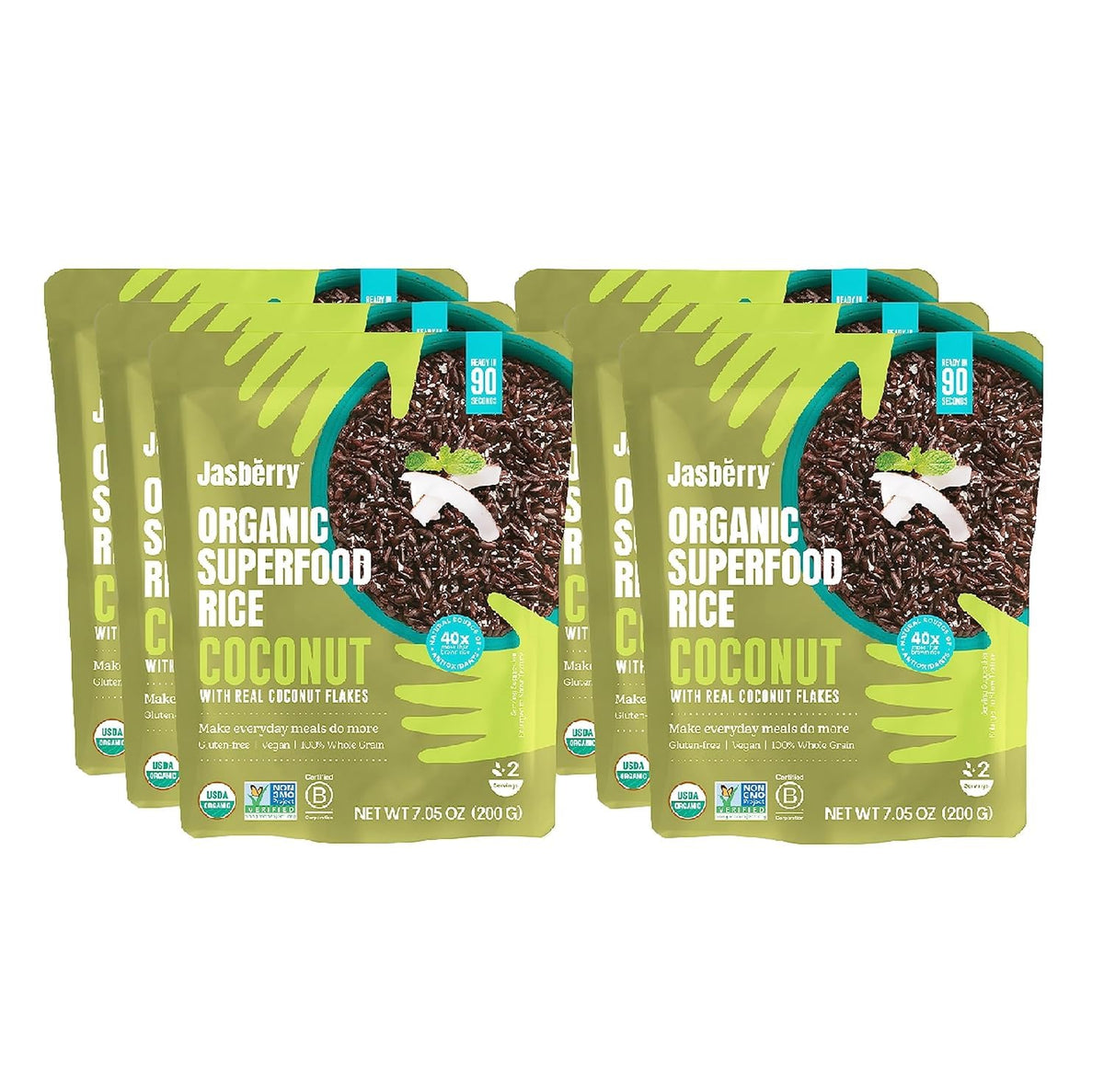 Jasberry Organic Coconut Rice ? Ready to Eat Black Rice with Real Coconut Flakes | 6?200g Microwave Pouches | Vegan, Gluten-Free, Wholegrain | Quick