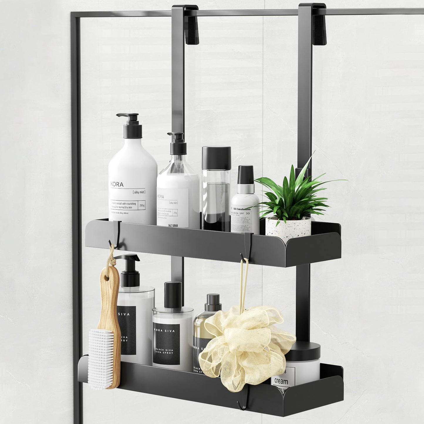 pickpiff Shower Caddy Hanging Organiser Storage - Over Door Shower Shelf No Drilling Bathroom Rack Basket Bath Accessories No Drilling Black 2-Tier