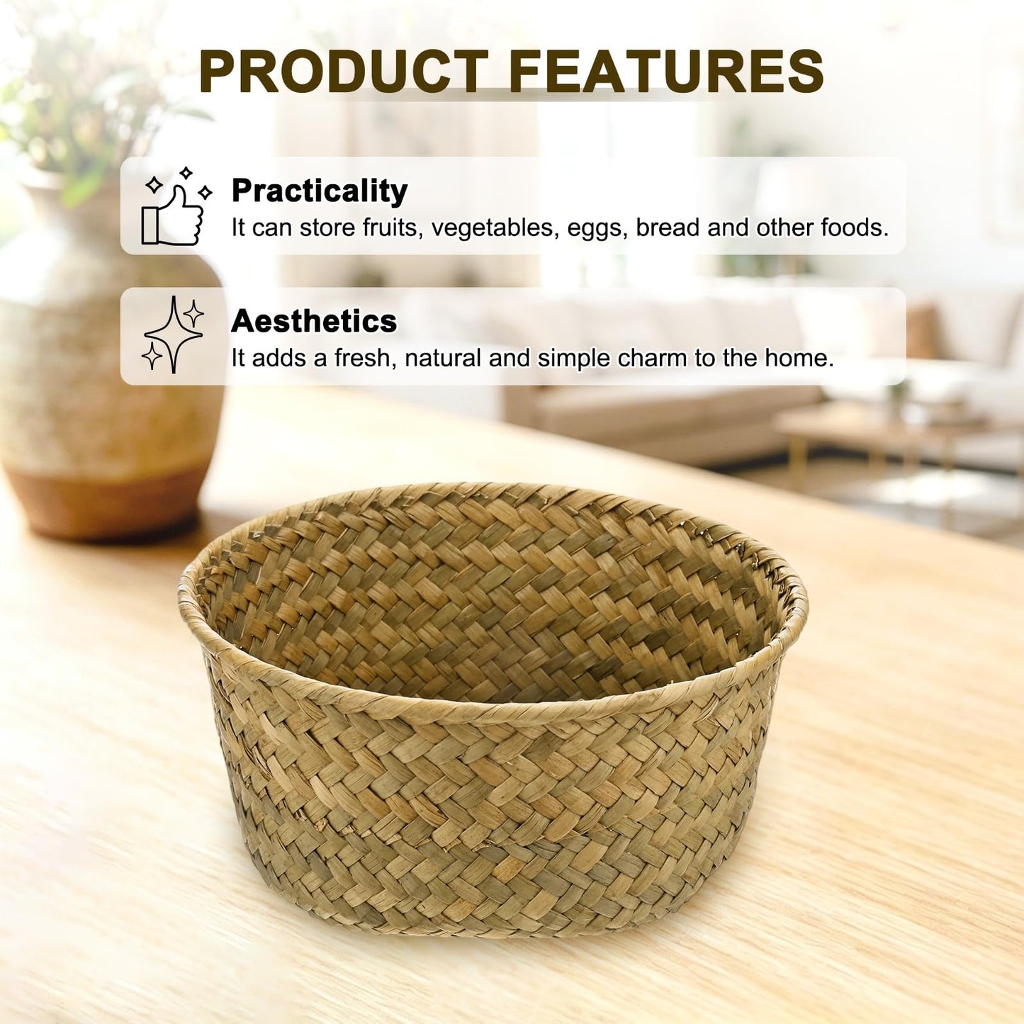 M METERXITY 2-Pack Natural Seagrass Woven Storage Basket, Small Round Storage Seaweed Woven Sundries Baskets for Fruit/Kitchen/Desktop/Household