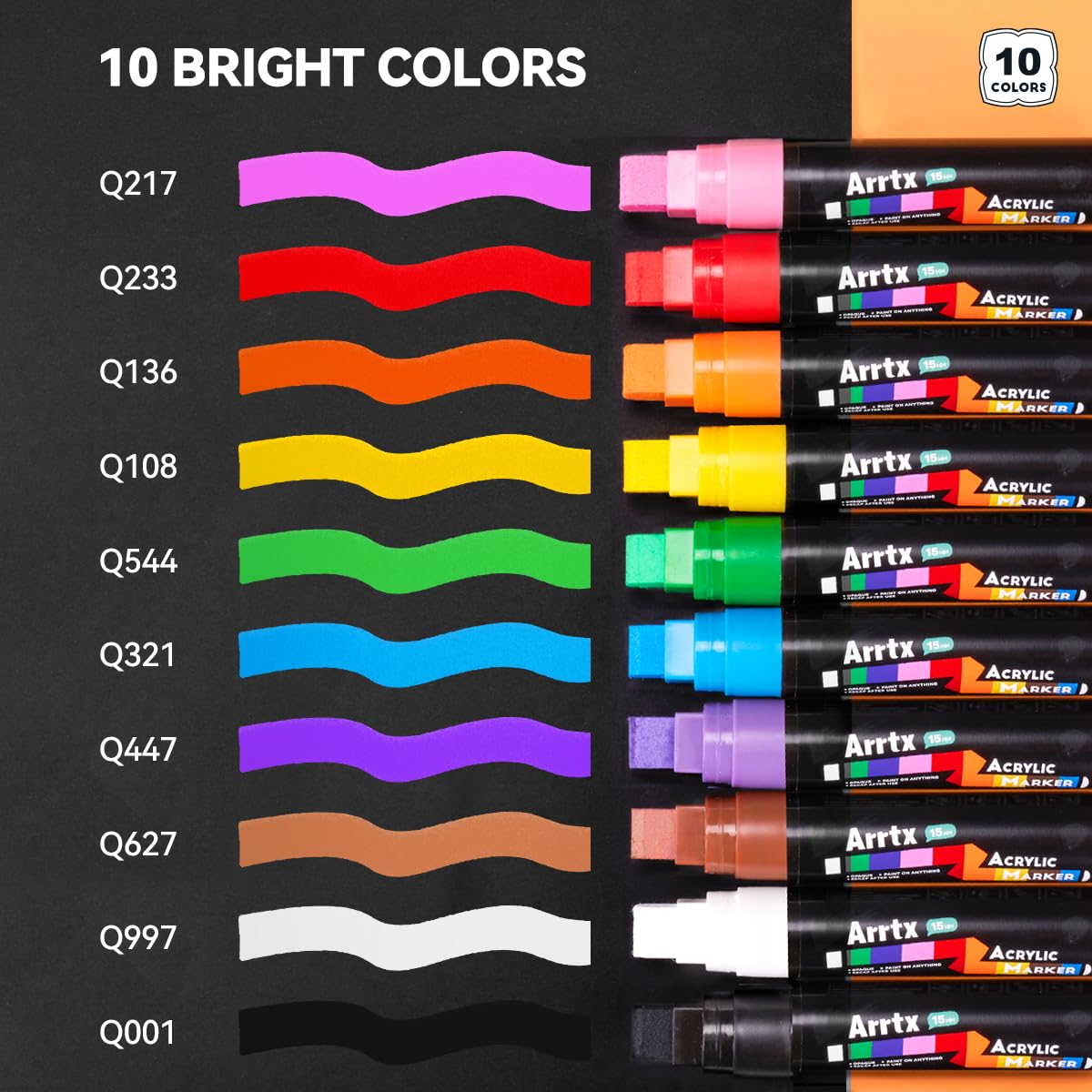 Arrtx Acrylic Jumbo Markers 15mm Jumbo Felt Tip, 10 Acrylic Paint Pens for Rock Painting, Stone, Glass, Easter Egg, Wood and Fabric Painting-Acrylic