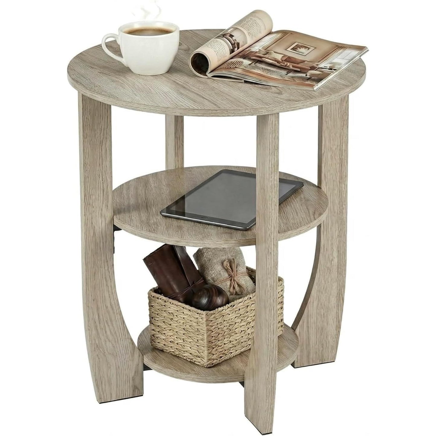 ZEXVIDA 3 Tier Round Side Table, Farmhouse Wood End Tables with Storage, Country Accent Small Sofa Bedside Table Coffee Table for Living Room Bedroom