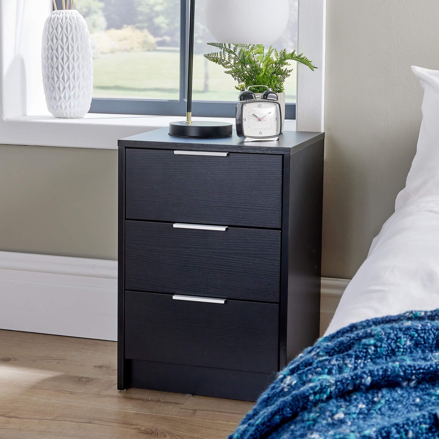 Home Source Bedside Cabinet Nightstand, 3 Drawers, Black