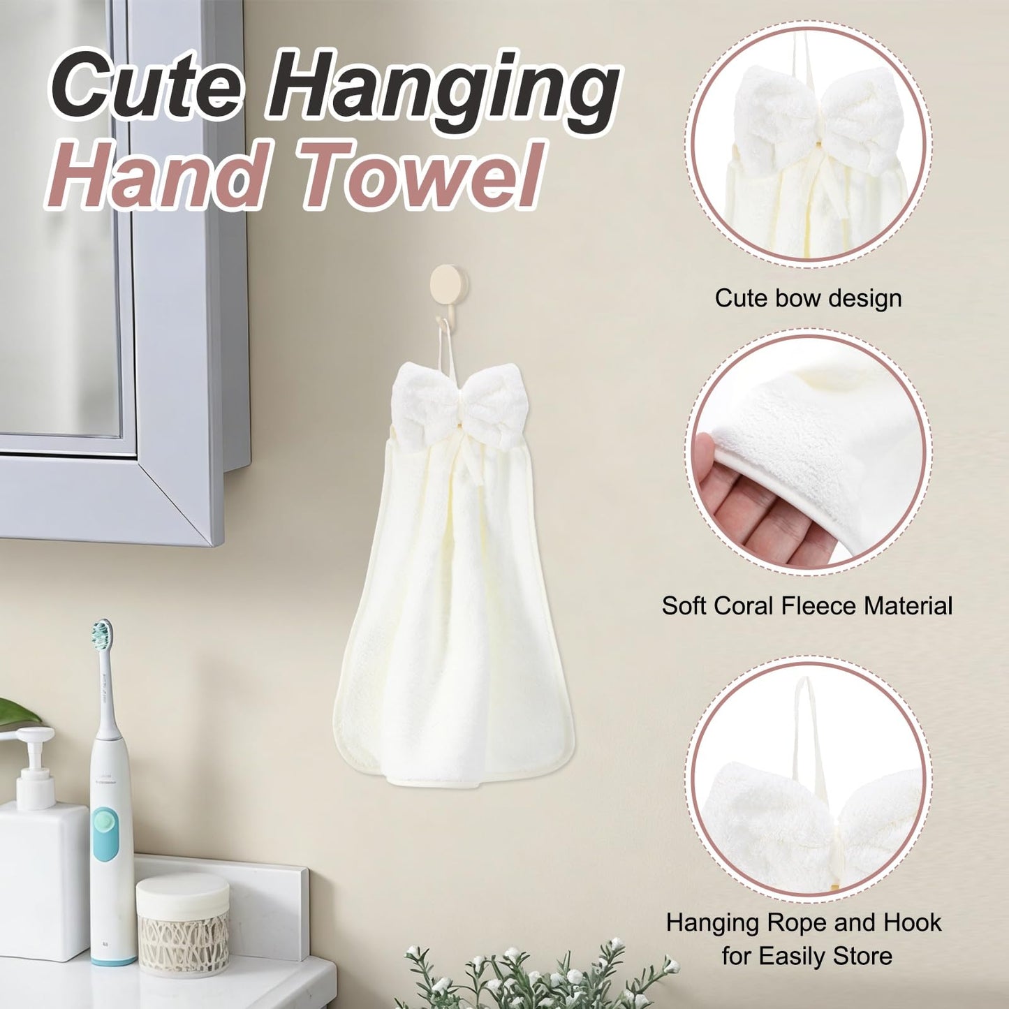 sourcing map 4Pcs Bow Hand Towels with Hanging Loop, 14.2" x 12.2" Soft Coral Fleece Microfiber Bowknot Hanging Hand Dry Towels Quick Dry and