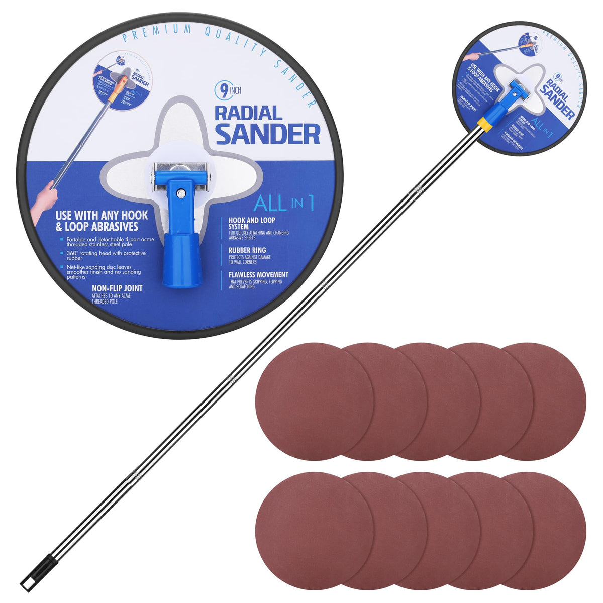 Fentar Drywall Pole Sander Assemblable, 170cm Extension Sanding Pole with 10 Replaceable Sanding Sheets, 360? Rotatable Durable Hand Radial Sander for