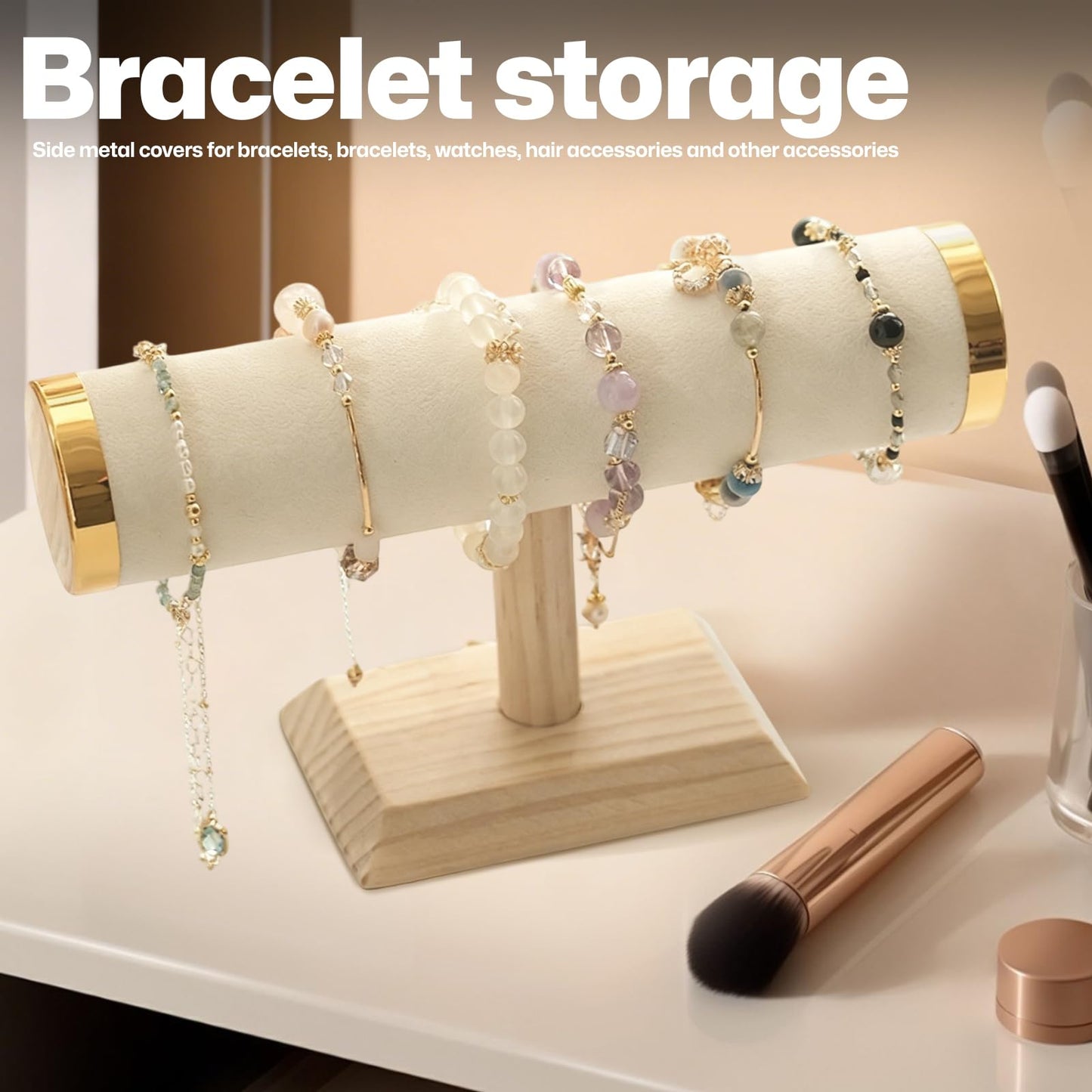 RFYTDCF T-Bar Bracelet Holder Stand, Beige Bracelet Stand Display Organizer Storage for Women Jewelry Accessories Scrunchie Head Ties (Gold Metal Lid)