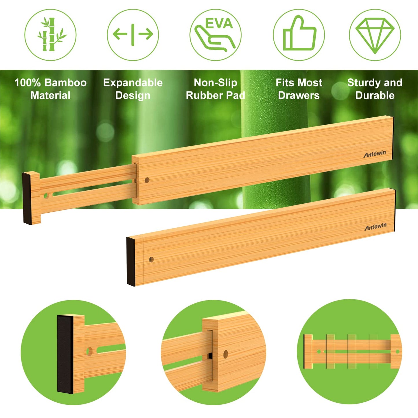 ANTOWIN Bamboo Drawer Dividers Organizers 16pcs, Expandable Drawer Separators Splitter