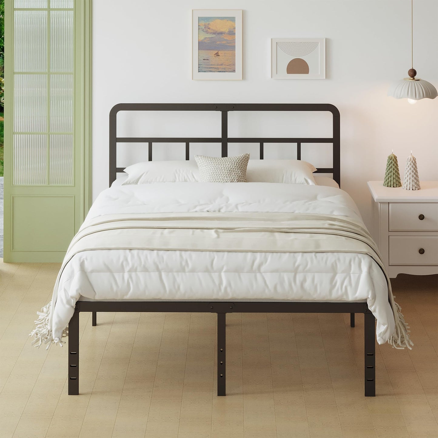 Lutown-Teen Small Double Bed Frame 4ft with Curved Headboard, Heavy Duty Black 3 Quarter Bed Frame 46 cm High with Steel Slat Support, Underbed