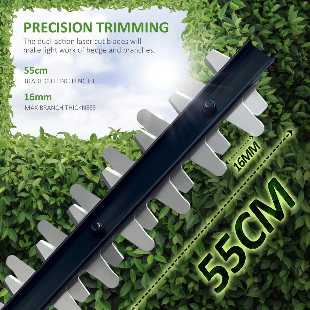 NETTA Hedge Trimmer and Cutter - 500W - 500mm Diamond Cutting Blade - 16mm Tooth Opening - 6M Power Cable - Ultra-Light 2.6kg - Two-Way Safety Switch
