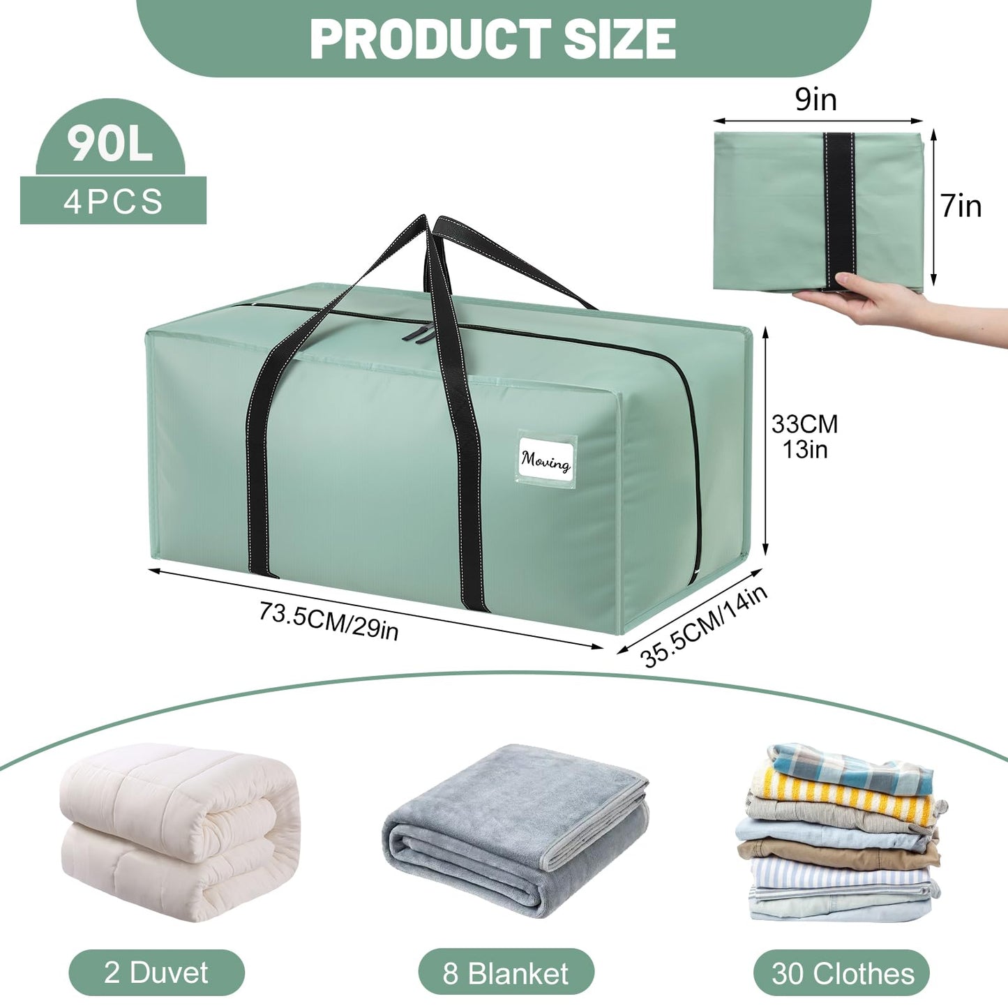 Dntorx 6 Pack 90L Moving Bags with Zips, Heavy Duty, Green