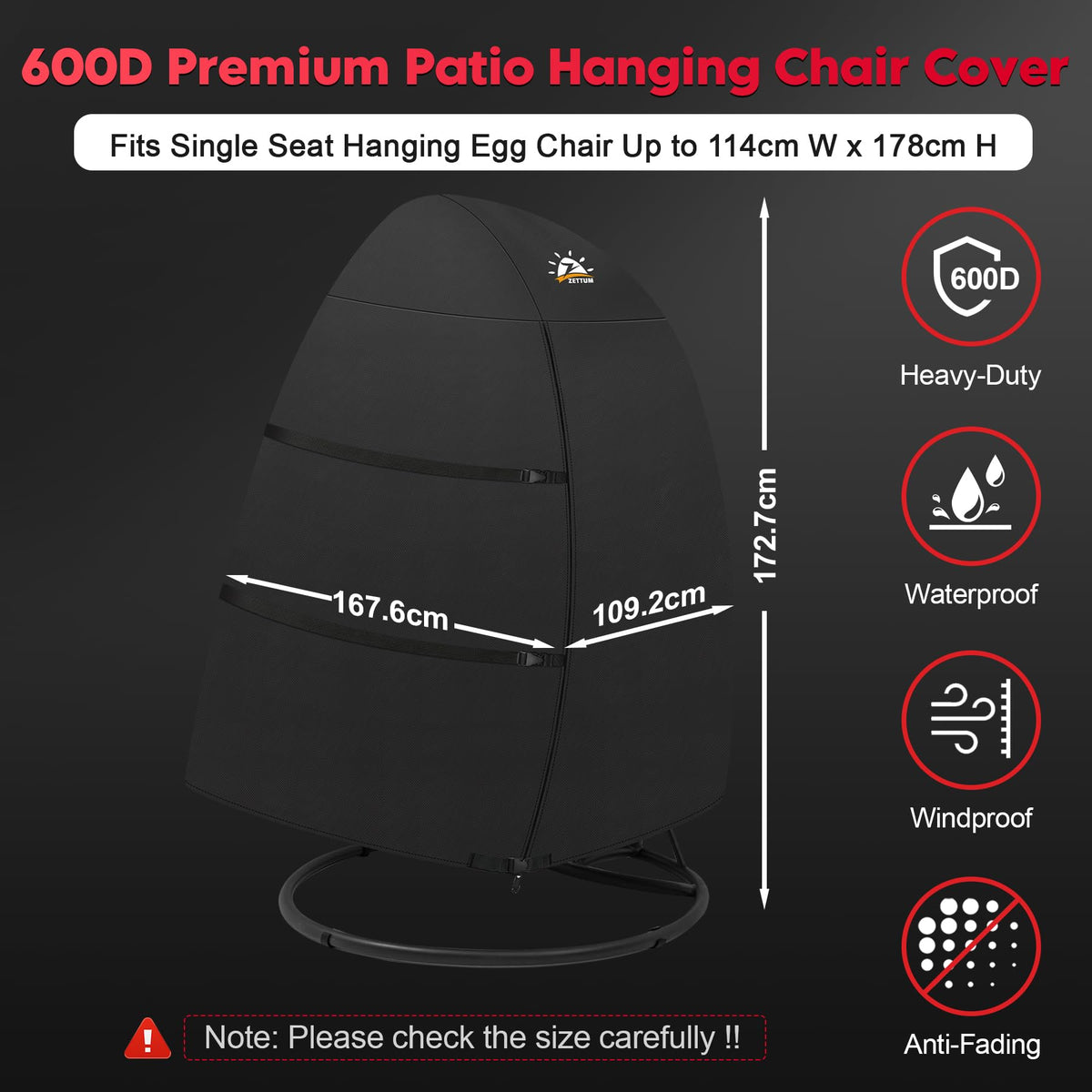 Zettum 167 x 114 x 173 cm Outdoor Egg Chair Cover Waterproof, 600D PU Coating Patio Double Cocoon Chair Cover Waterproof with Zipper Garden Hanging