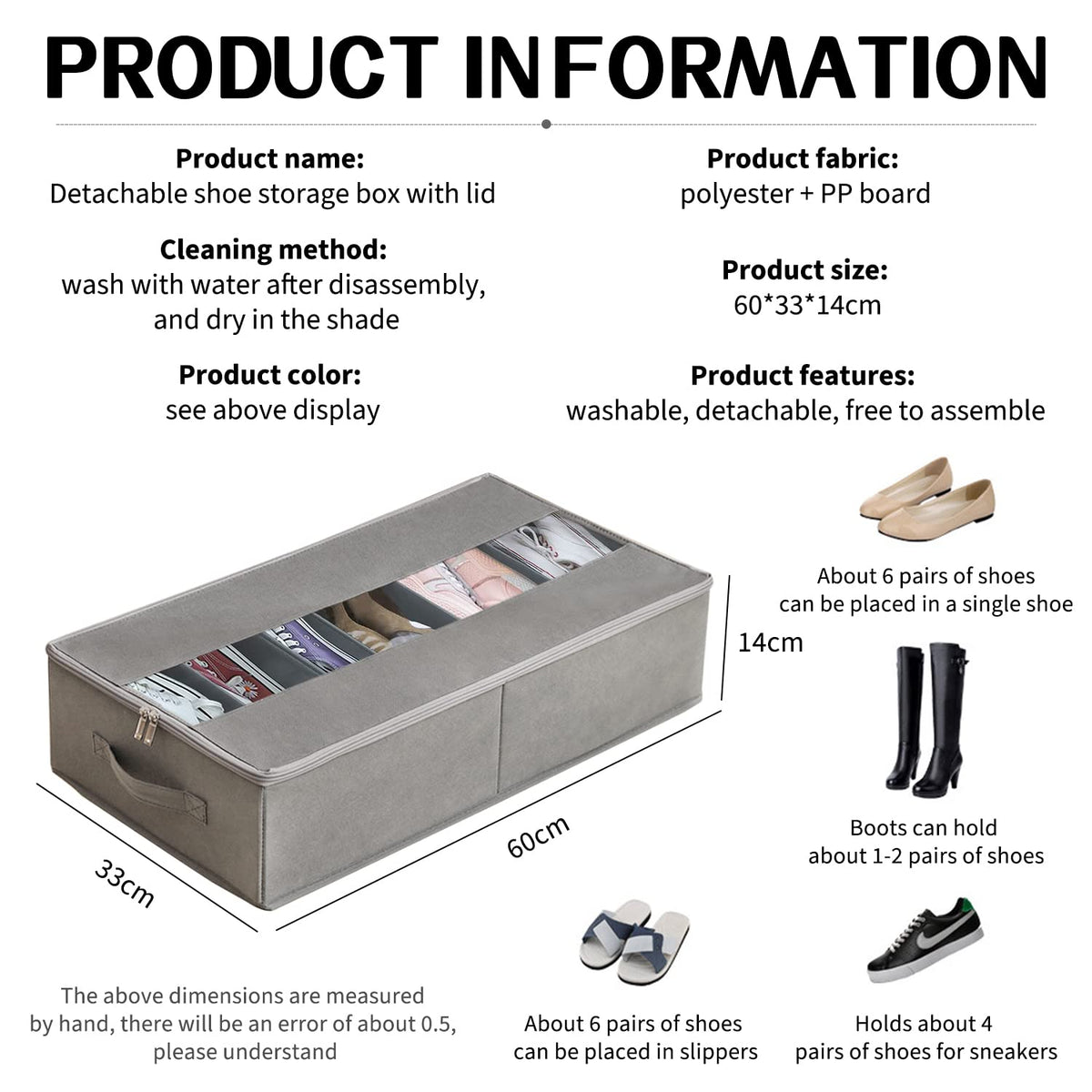 Noeborty Underbed Shoe Organizer, 60 x 33 x 14 cm Underbed Storage Bag, Large Non-Woven Underbed Storage Organizers, Underbed Shoe Storage Organizers