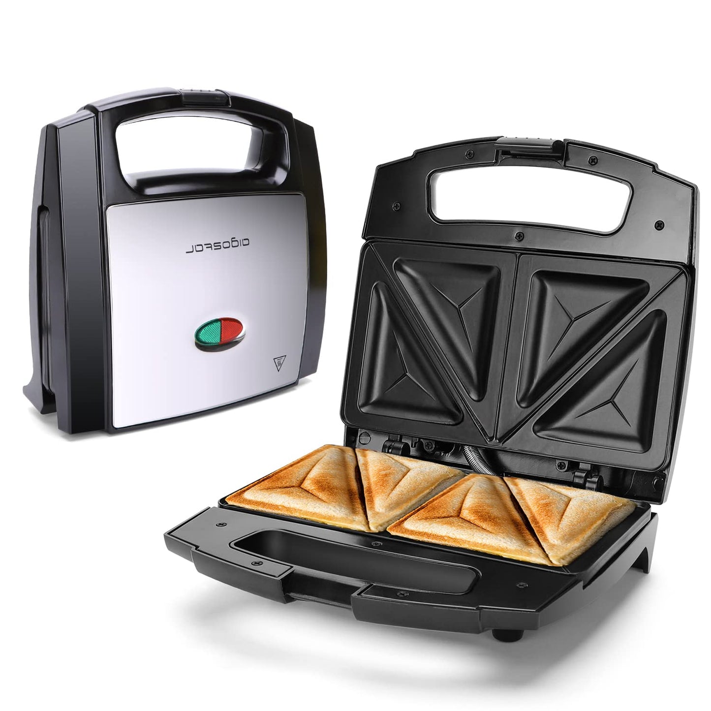 Aigostar 800W Sandwich Toastie Maker 2 Slice Toaster with Easy Clean Non-Stick Hot Plates, Cool Touch Handle, Locking Latch, Stainless Steel, Black -