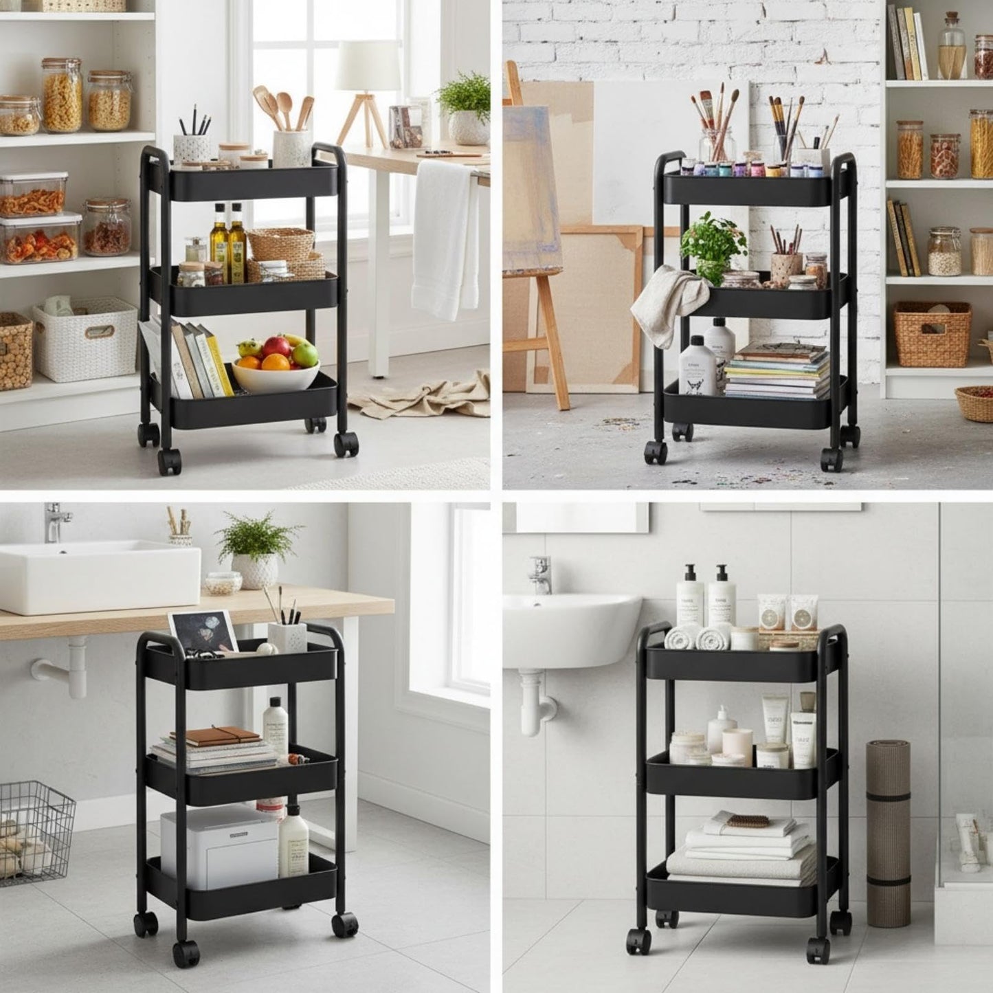 Nikphobos 3 Tier Storage Trolley, Metal Trolley Rolling Utility Cart on Wheels with Hooks, Multi-Purpose Organizer for Kitchen Bathroom Bedroom Office
