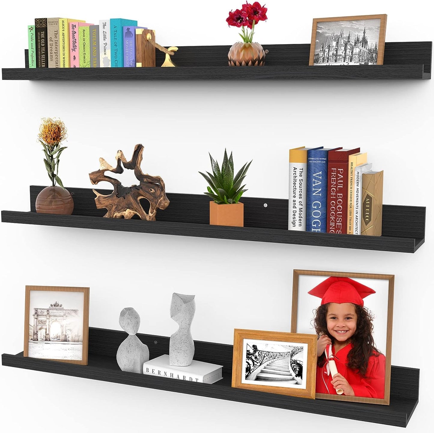 36 Inch (91 cm) Floating Shelves for Wall, Set of 3 in Ebony Black, Modern Rustic Style, Wall Mounted Display Shelves, Picture Ledges by Icona Bay
