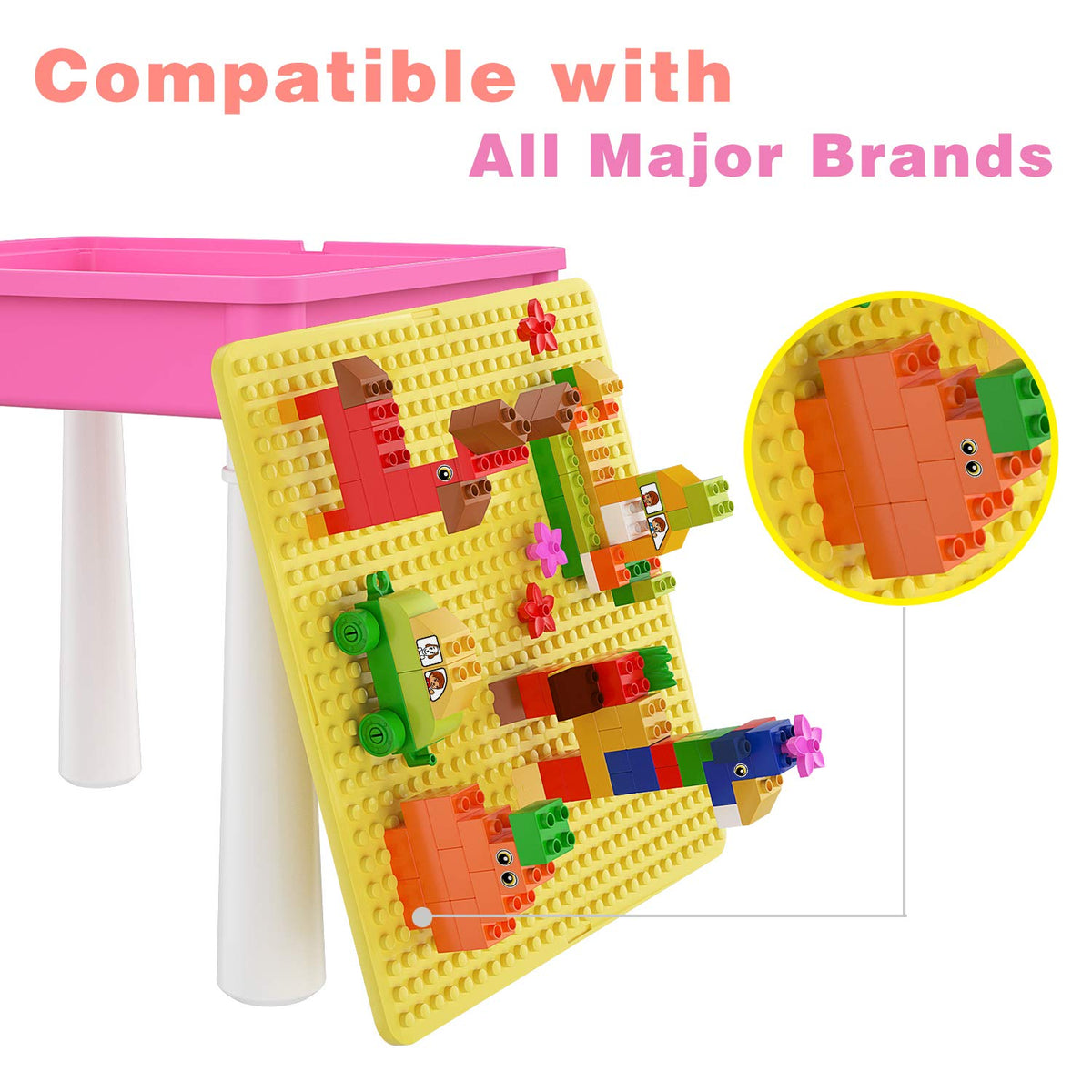 burgkidz Toddler Table and Chair Set, Plastic Kids Activity Table with Chair and 128 Piece Large Creative Bricks Building Construction Toys for Girls,