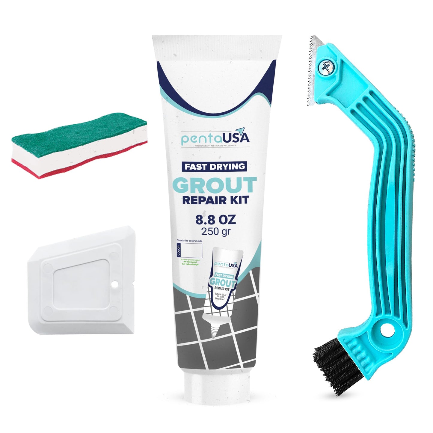 Grout - Ready Mixed Tile Grout with Sponge, Remover Saw and Scraper, Grout Reviver for Bathroom, Kitchen, Floor Tiles - 250 gr Bundle Set (White)
