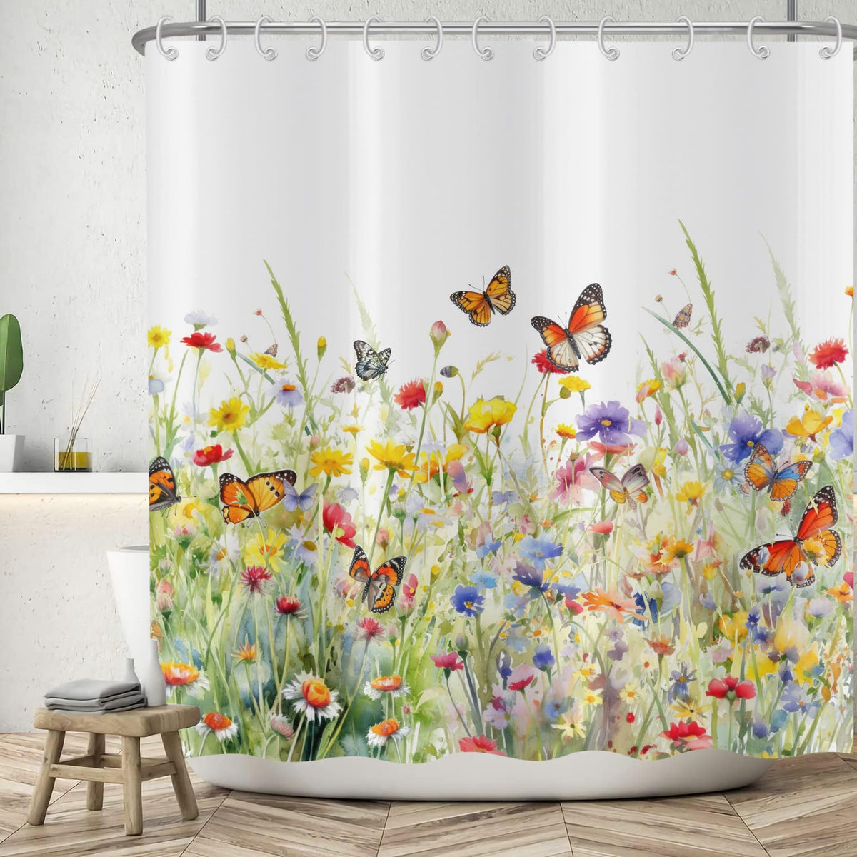 ASDCXZ Flower Shower Curtain 180x180 cm, Spring Yellow Purple Rose Colorful Flowers Butterfly White Washable Shower Curtains Polyester Textile