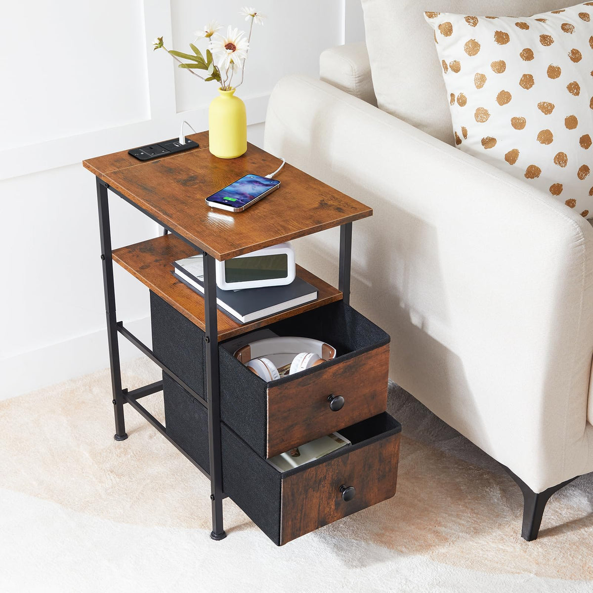 HOOBRO Narrow Bedside Table with Charging Station, with 2 Non-Woven Drawers, Slim Side Table with USB Ports and Power Outlets, Narrow Side Table for