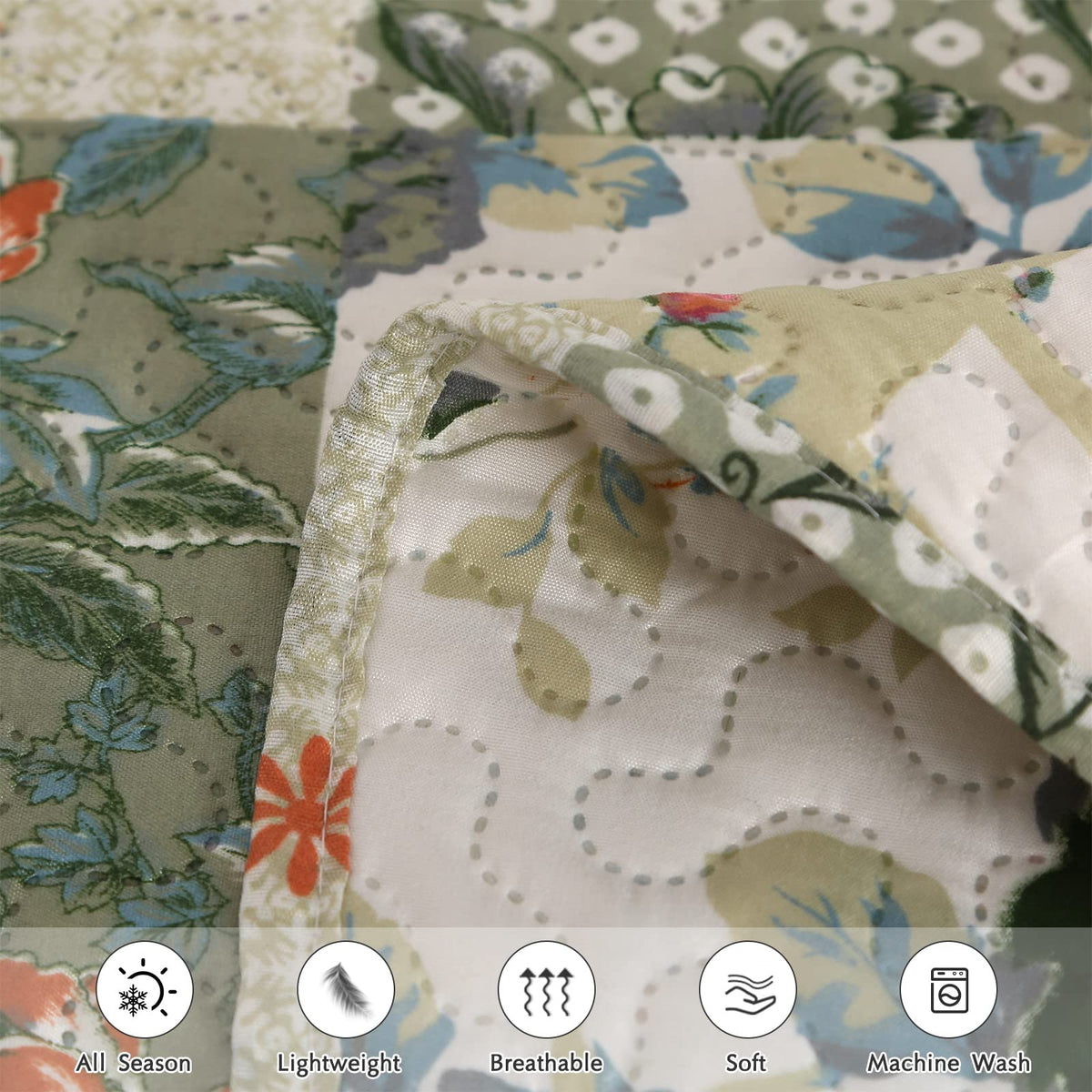 Qucover 3-Piece Double Bedspread Set, American Style Green Patchwork Pattern Bedspread, Light Breathable Polyester Ultrasonic Quilting Coverlet Set