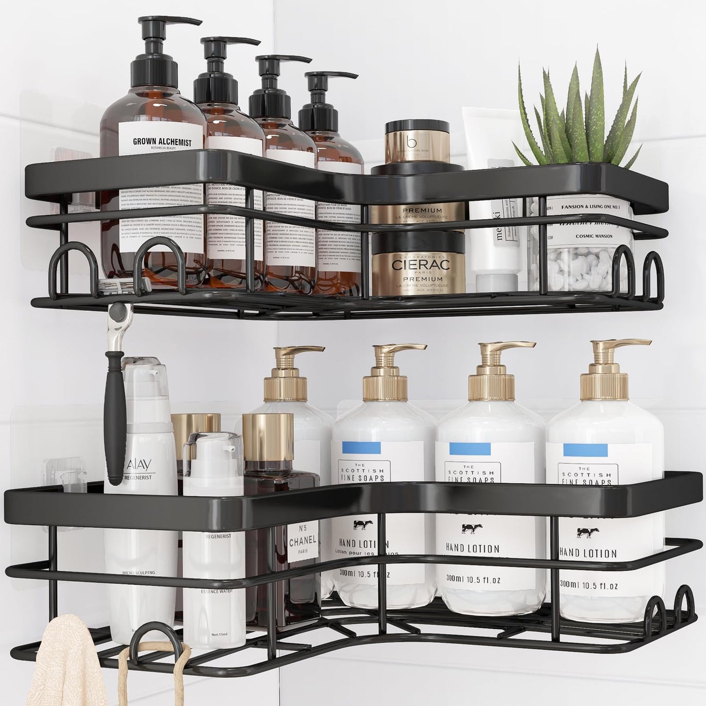 Kitsure Corner Shower Caddy - 2 Pack Rustproof Shower Organizer with Large Capacity, Drill-Free Adhesive Bathroom Shelves with Hooks, X-Large, Black