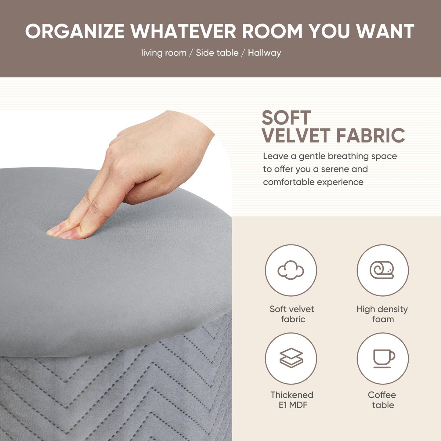 Bonlife Large Round Storage Ottoman, Foldable Footstool with Lid