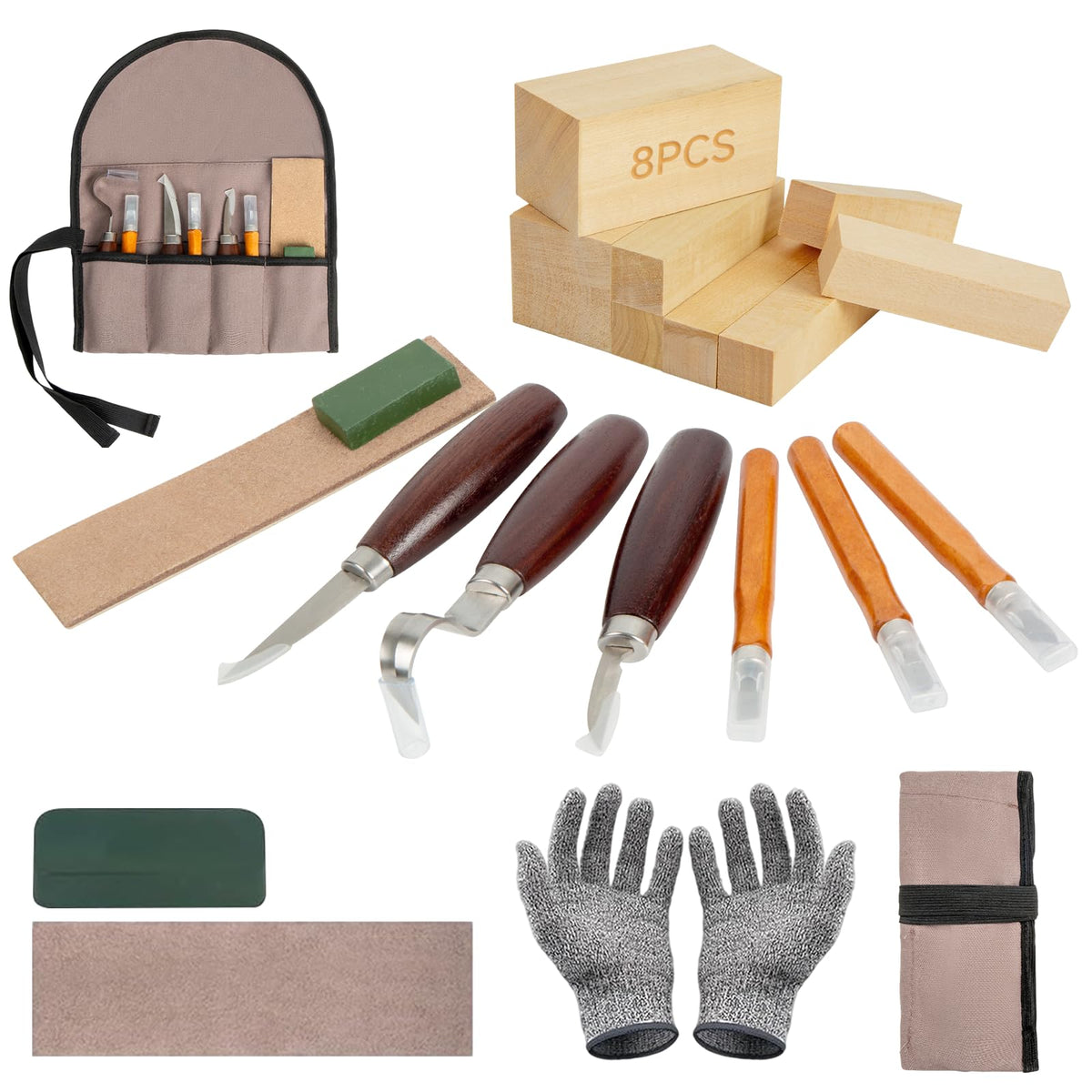 21PCS Woodworking Tools Set, Wood Whittling Kit for DIY Lovers Beginners, Including Basswood Blocks, PU Storage Bag (21PCS)
