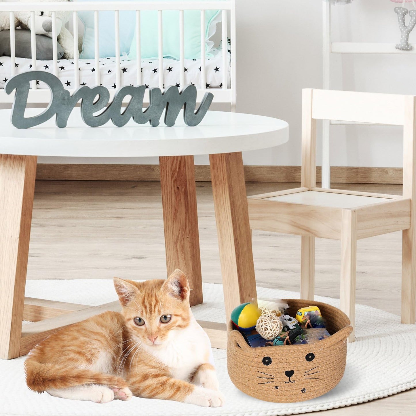 Zopeal Cat Basket Storage Woven Organizer with Ears Easter Decorative Gift Pet Toy Cute Cotton Rope Basket for Gift Cat Dog Toy Bin Nursery Room
