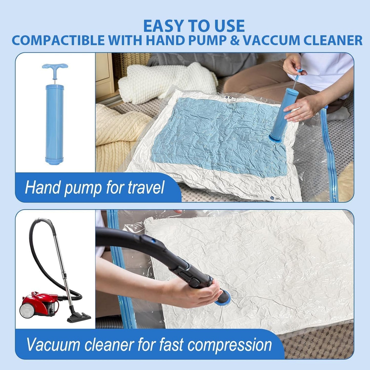 Vacuum Storage Bags Pack of 6 (2 Medium, 2 Large, 2 Jumbo) - Space-Saving Compression Bags with Airtight Seal - Reusable Zipper Bags for Clothes