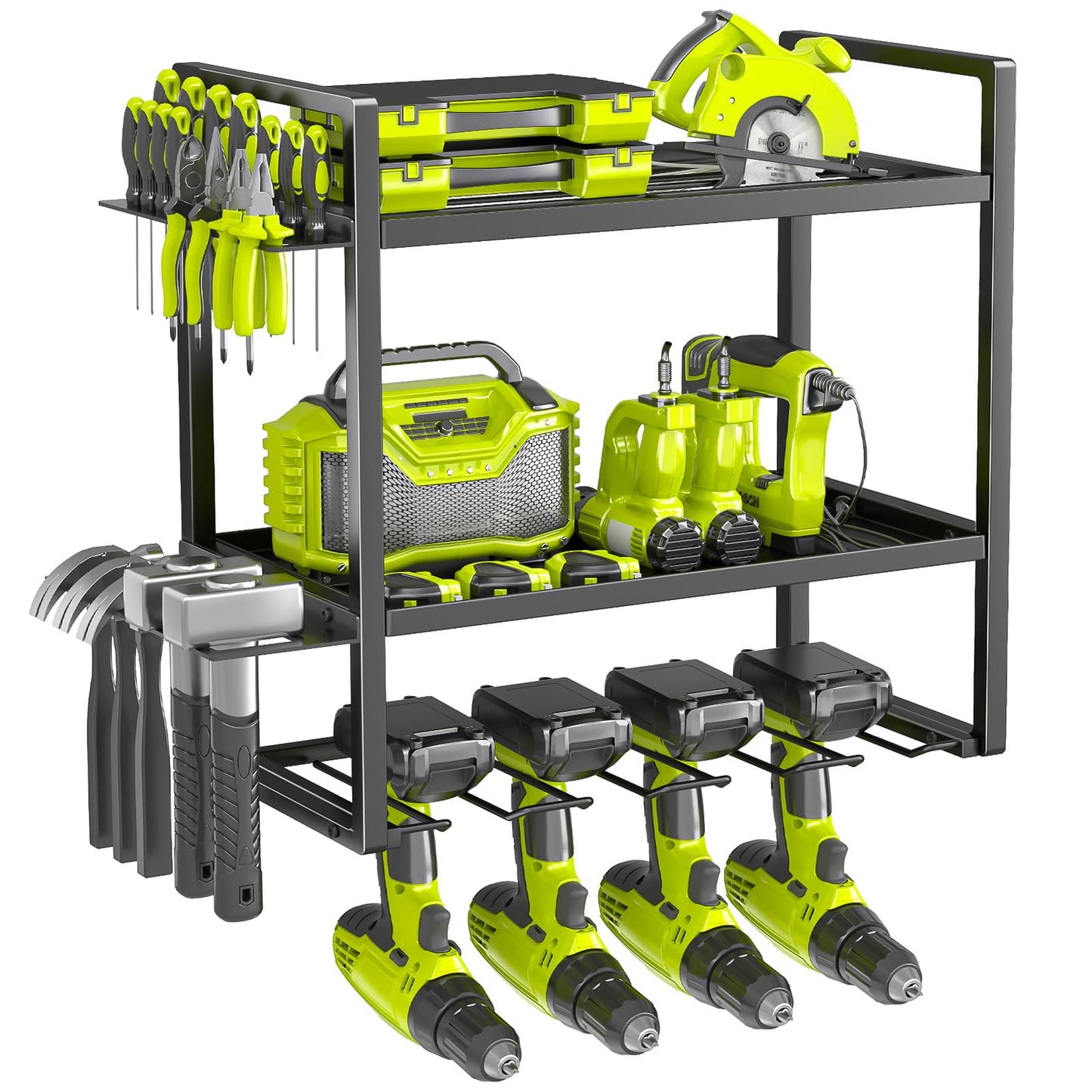 BILIONE 3 Layer Power Tool Storage, Heavy Duty Tool Organisers, Wall Mounted Tool Rack for Garage, Home, Workshop