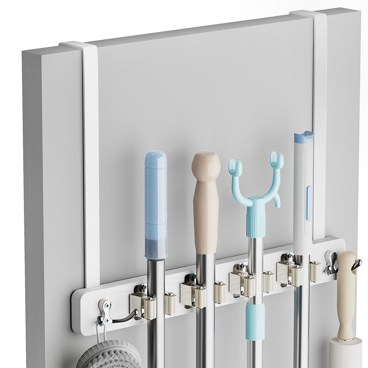 Lorbro Broom Holder Door Mount, Over the Door Broom and Mop Holder with 2 Over Door Hooks, Wood Broom Hanger, Tool Rack Organizer for Laundry, Garage,