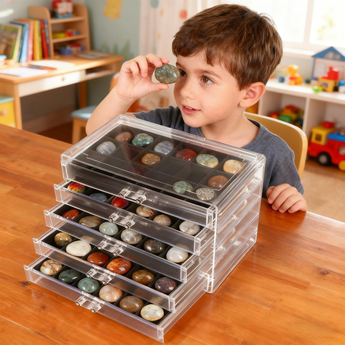 Rock Display Case, 5 Drawers 90 Grids Rock Collection Box Rock Collection Display Case Clear Crystals display Case Storage Cases for Small Rocks