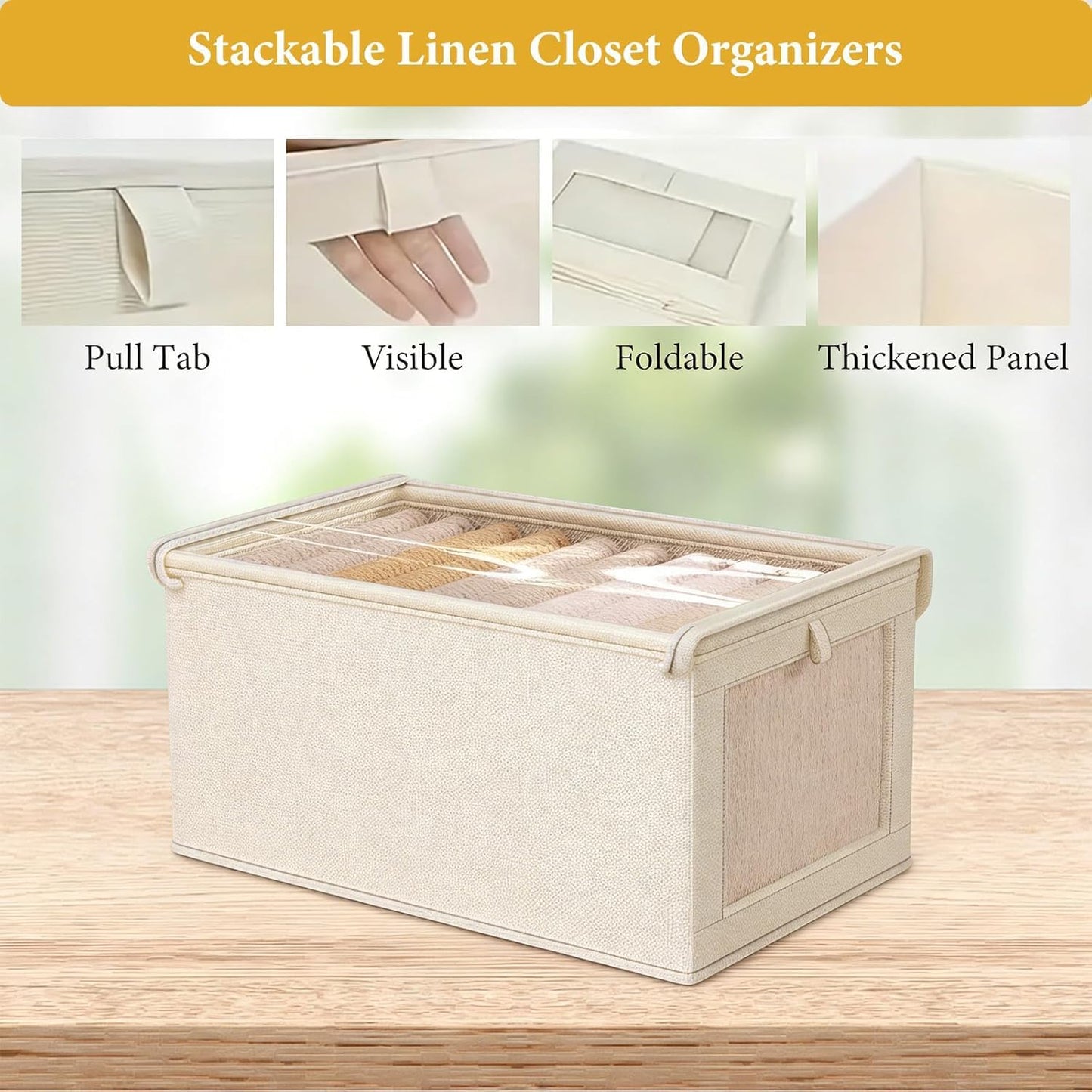 Wardrobe Storage Organiser Foldable - 6Pcs Drawer Organiser Clothes Fabric Storage Boxes Bin with Clear Window Shelf Stackable Clothing Storage Boxes