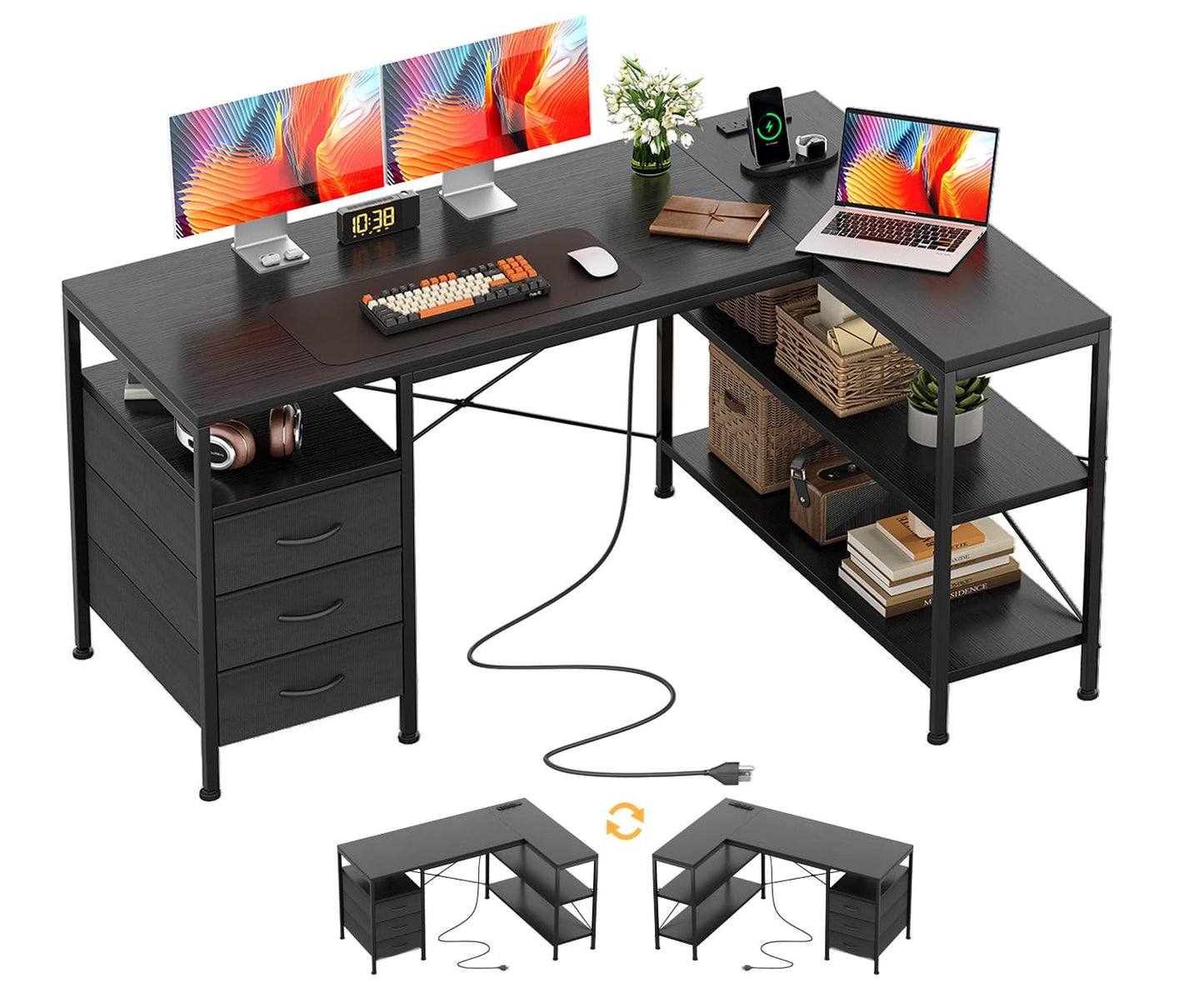 CAIYUN 120cm Corner Desk with Drawers, Reversible L shaped Computer Desk with Power Outlet, Home Office Desk with USB Charging Port, Black