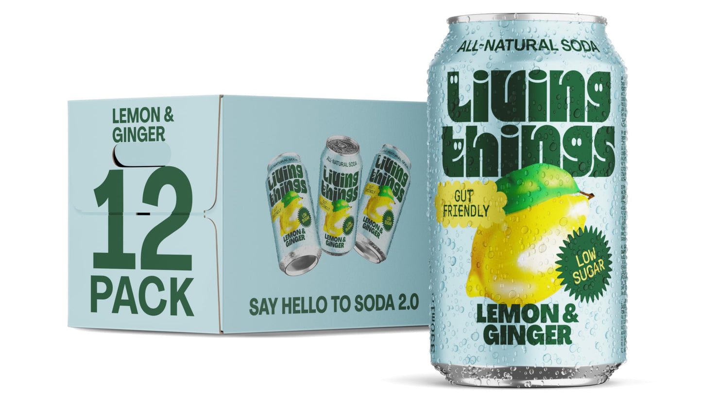 Living Things Prebiotic Soda - Gut Health & Low Calorie Drink - 12 x 330ml Cans - High in Fibre - Lemon & Ginger
