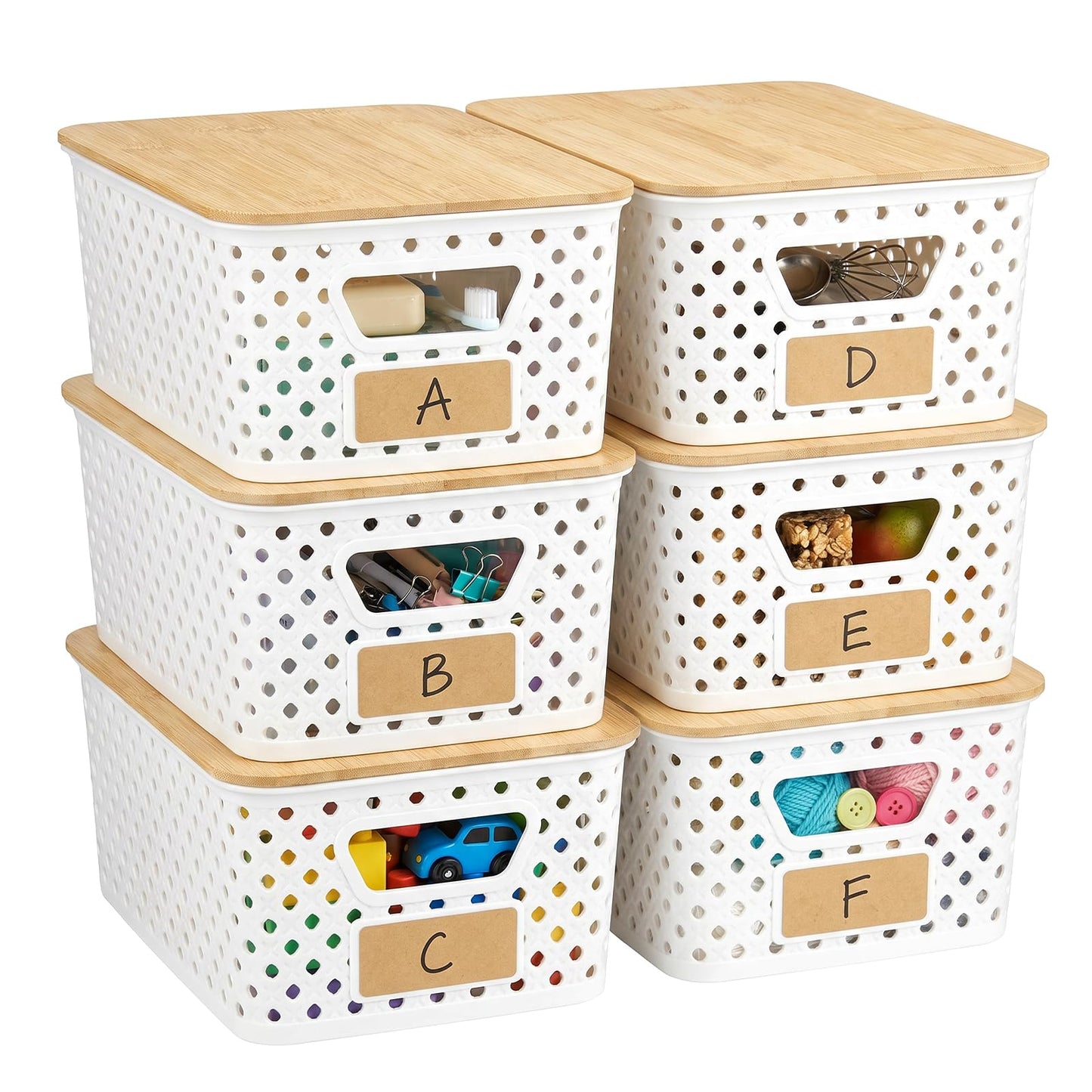 Yekolau 6 Pack Storage Bins for Shelves, Plastic Storage Containers with Bamboo Lids for Organizing, Stackable Storage Boxes with Handle