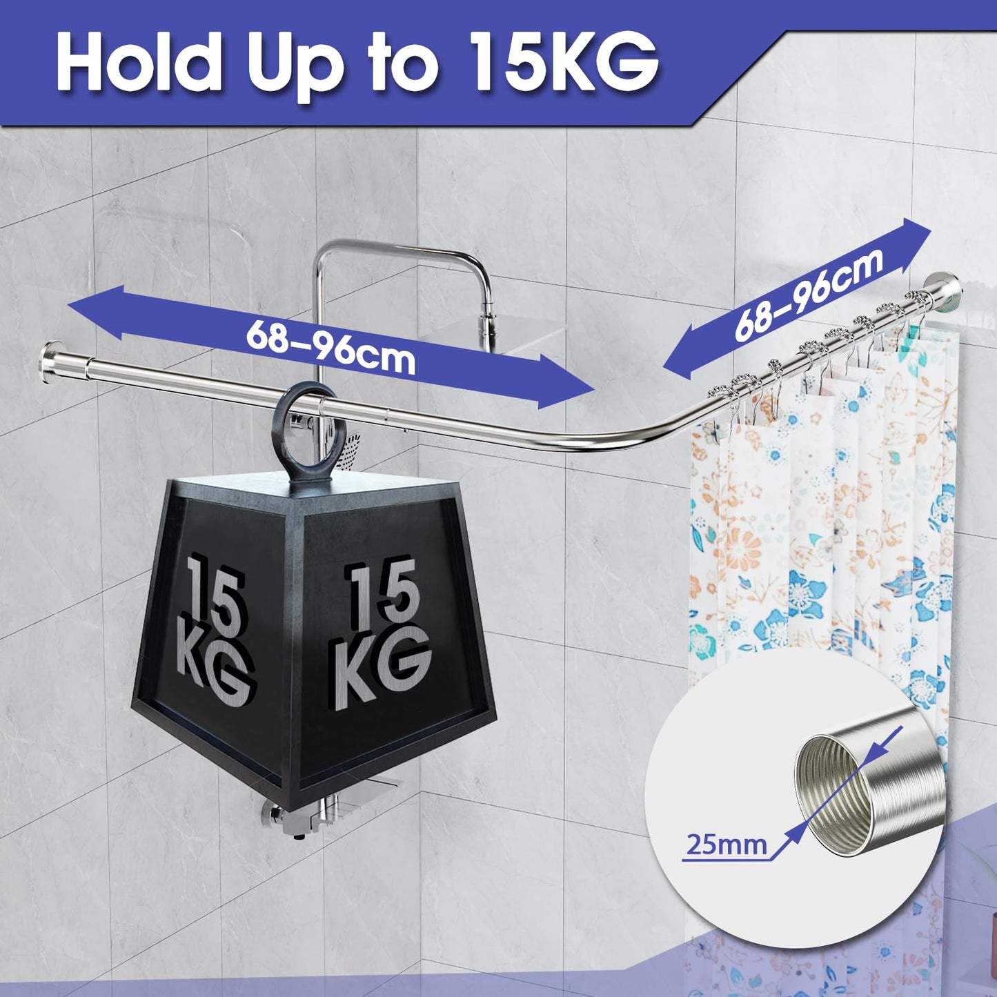 WELDUN L-Shaped Shower Curtain Rod, 68-96cm × 68-96cm Stainless Steel