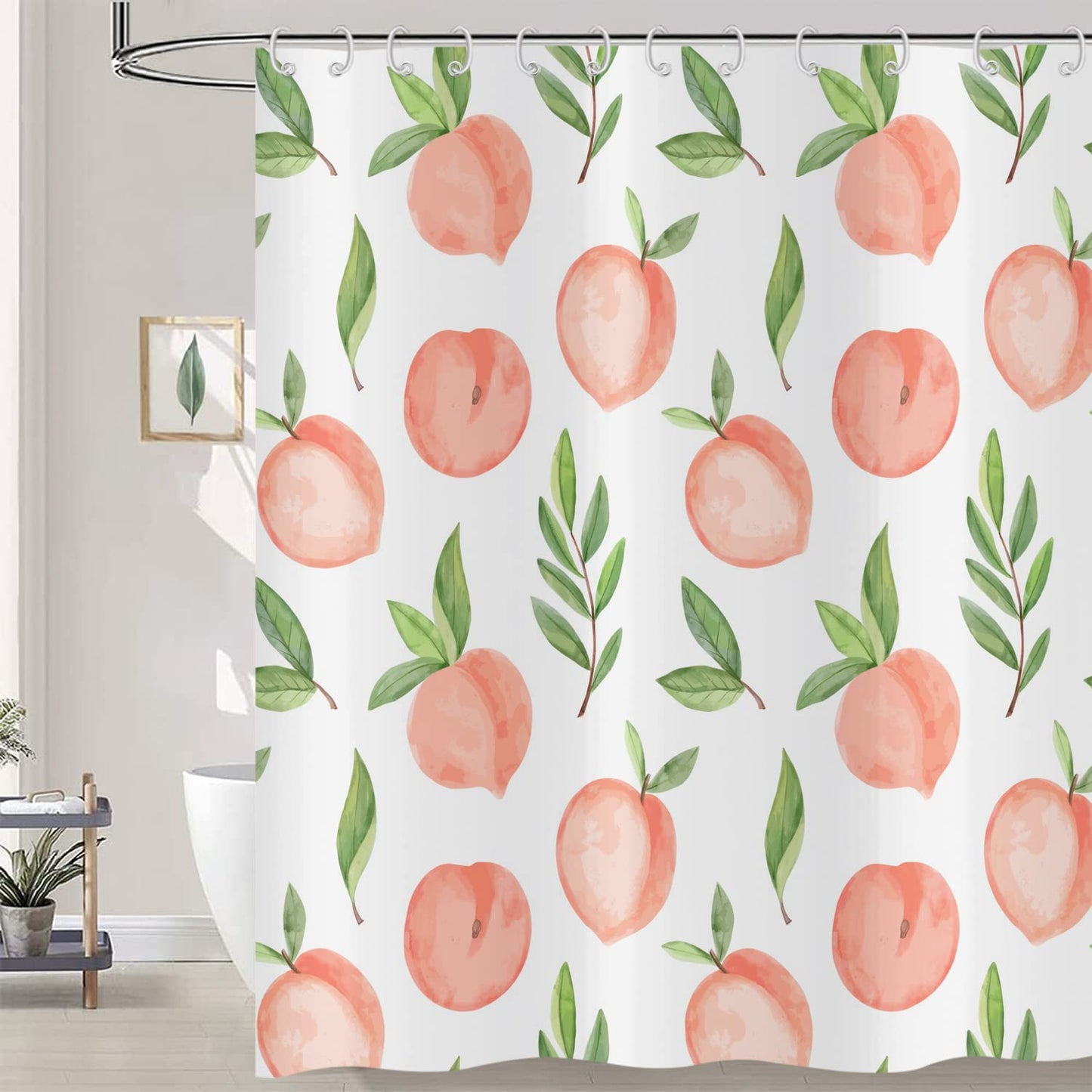 Hnmdmyi Pink Peach Shower Curtain 180x200, Allover Fruits Green Leaf Shower Curtains Cute Bright Colorful Bathroom Curtains with Hooks Waterproof