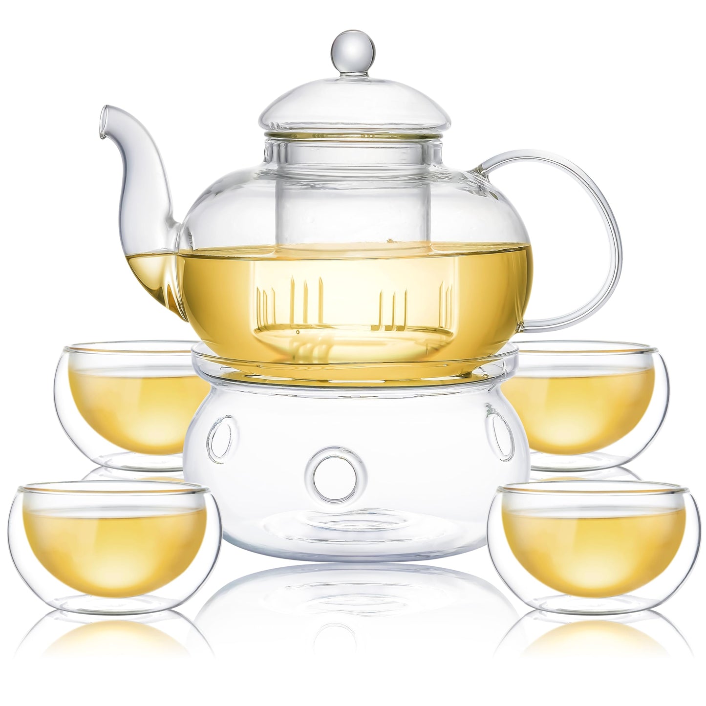 CnGlass 1000ml/33.8oz Glass Teapot with Removable Infuser,Stovetop Safe Tea Kettle with 4-Pack 100ml Teacups and Glass Tea Warmer 5.3in/13.5cm