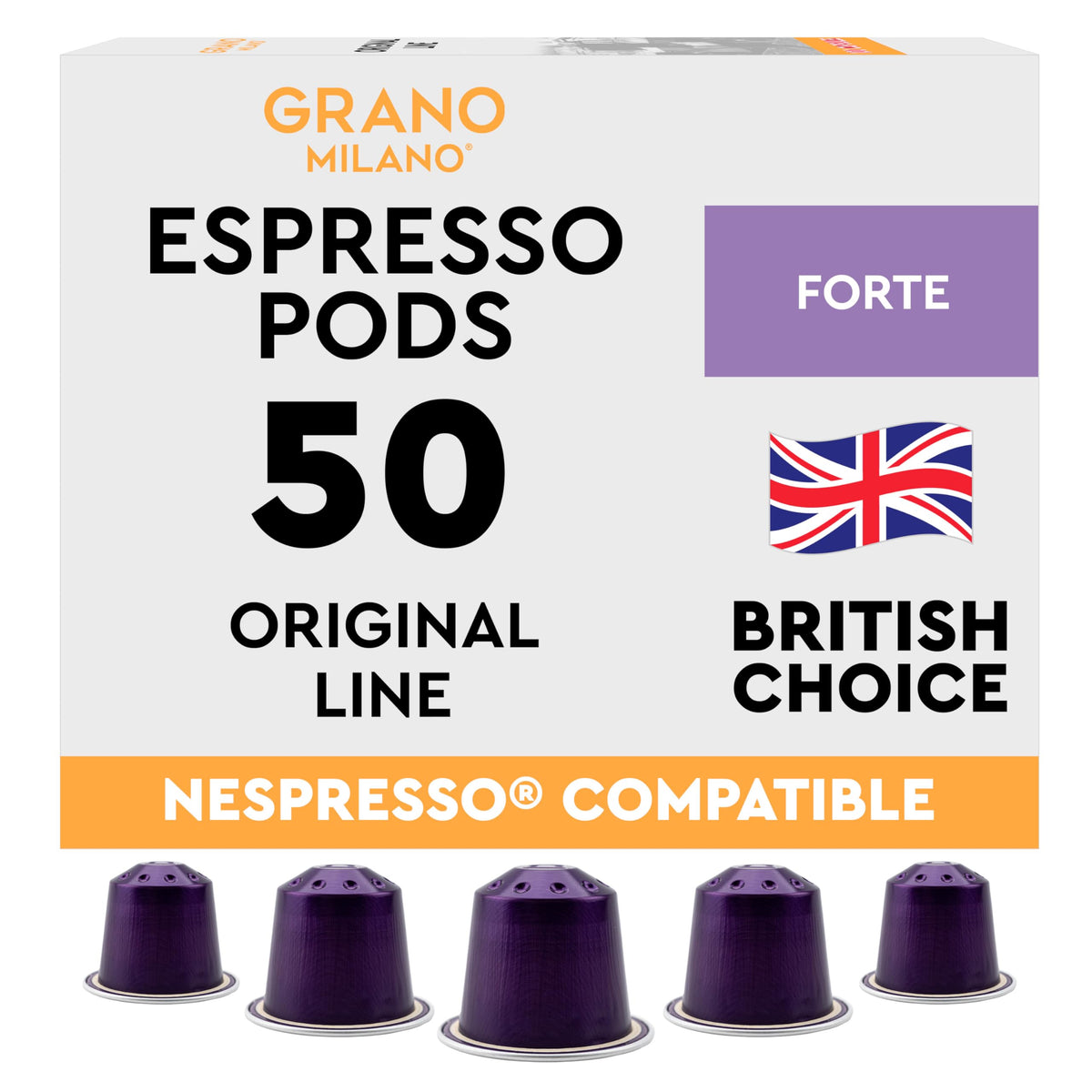 New Grano Milano Forte Coffee Capsules - 50 Aluminium Coffee Pods Compatible with Nespresso Original line, Dark Roast - Intensity 9/12, Made in Italy