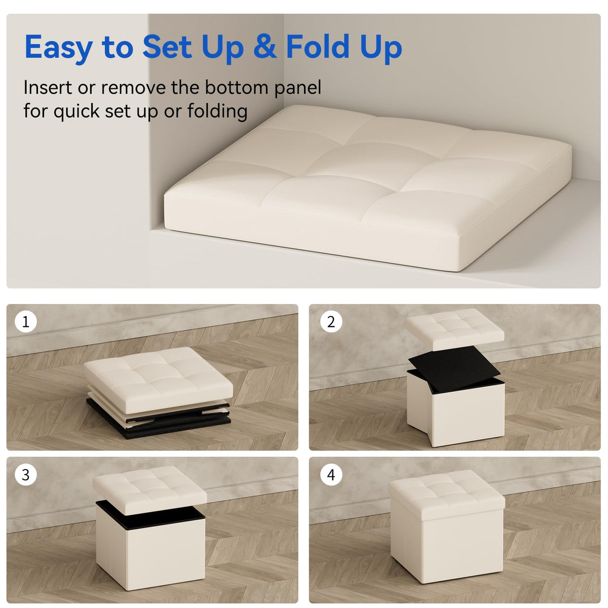 BRIAN & DANY Folding Storage Ottoman, Faux Leather Cube Foot Stool with Storage, Ottoman Box with Highly Elastic Sponge Filling, Beige
