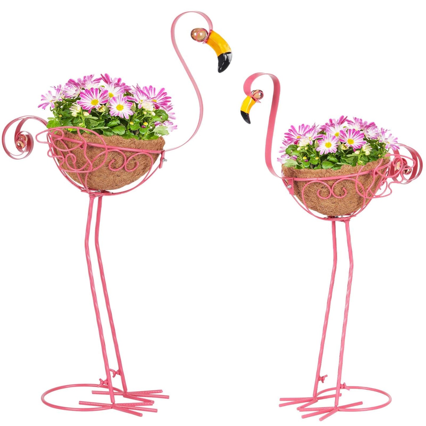 Kikth Set of 2 Flamingo Garden Bird Planters, Outdoor Flamingo Yard Decoration with Basket, Pink Flamingo Patio Metal Planter for Garden, Yard, Lawn,