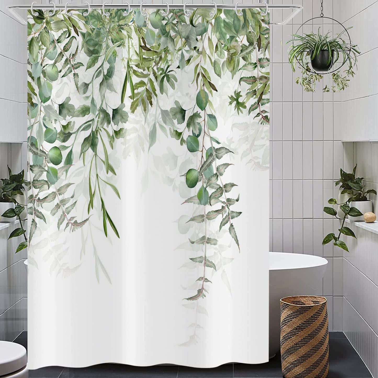Hnmdmyi Green Leaf Shower Curtain 180x180, Eucalyptus Leaves Shower Curtains Watercolor Plant Botanical Nature Bathroom Curtains with Hooks