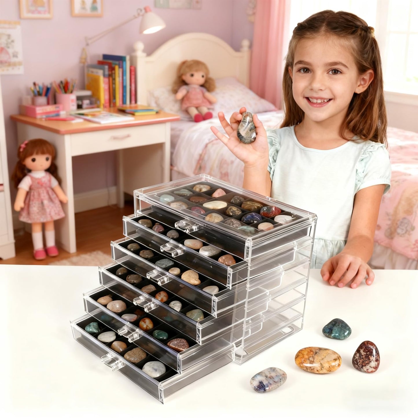 Rock Display Case, 6 Drawers 108 Grids Rock Collection Box Rock Collection Display Case Clear Crystals display Case Storage Cases for Small Rocks
