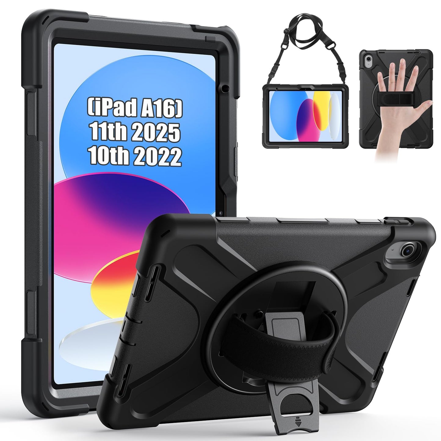 Gerutek Case for iPad (A16) 11th/10th Generation 2025 (11 inch)/2022 (10.9 inch) Cover, Shockproof Rugged Case with 360 Rotating Stand & Hand Strap,