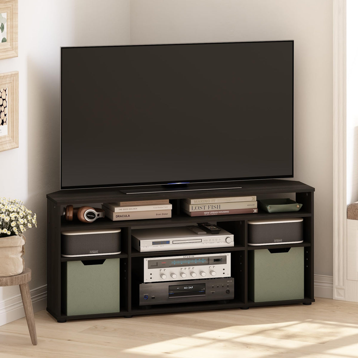 Furinno JENSEN TV Stand, Corner Entertainment Center, TV Console for TV up to 55 Inch, for Living Room, Bedroom, Espresso