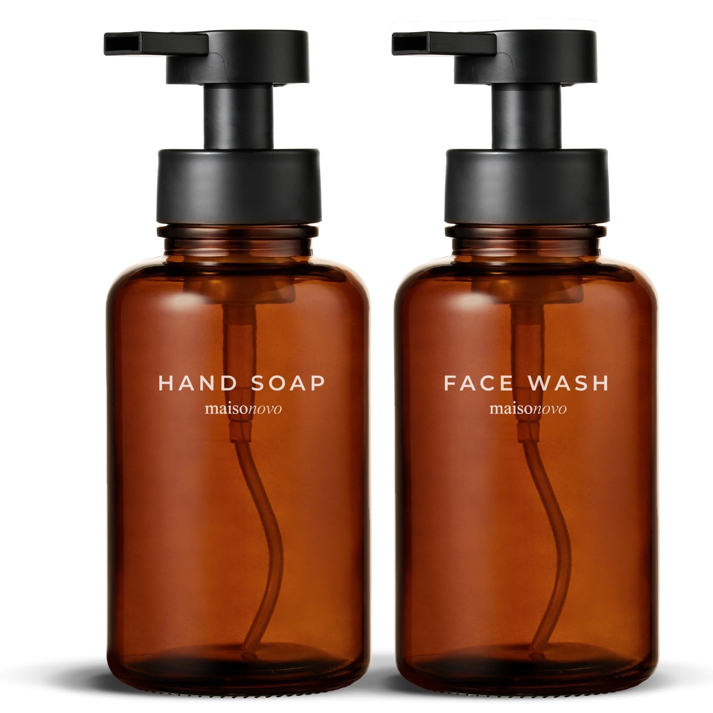 MaisoNovo Glass Foaming Soap Dispenser Set of 2-400 ml Amber Glass Foaming Hand Wash Dispenser Black Pumps x 2, Waterproof Labels