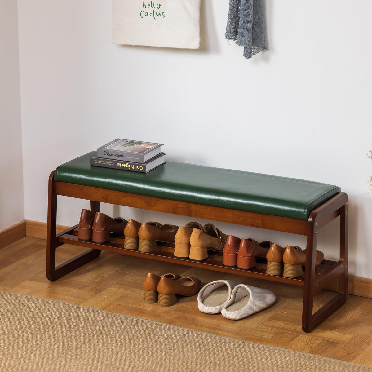 SOBIBO Solid Wood Shoe Bench, 2-Tier Entryway Bench with Cushion and Flip-Open Storage Box, Mid-Century Modern Shoe Bench Rack for Hallway