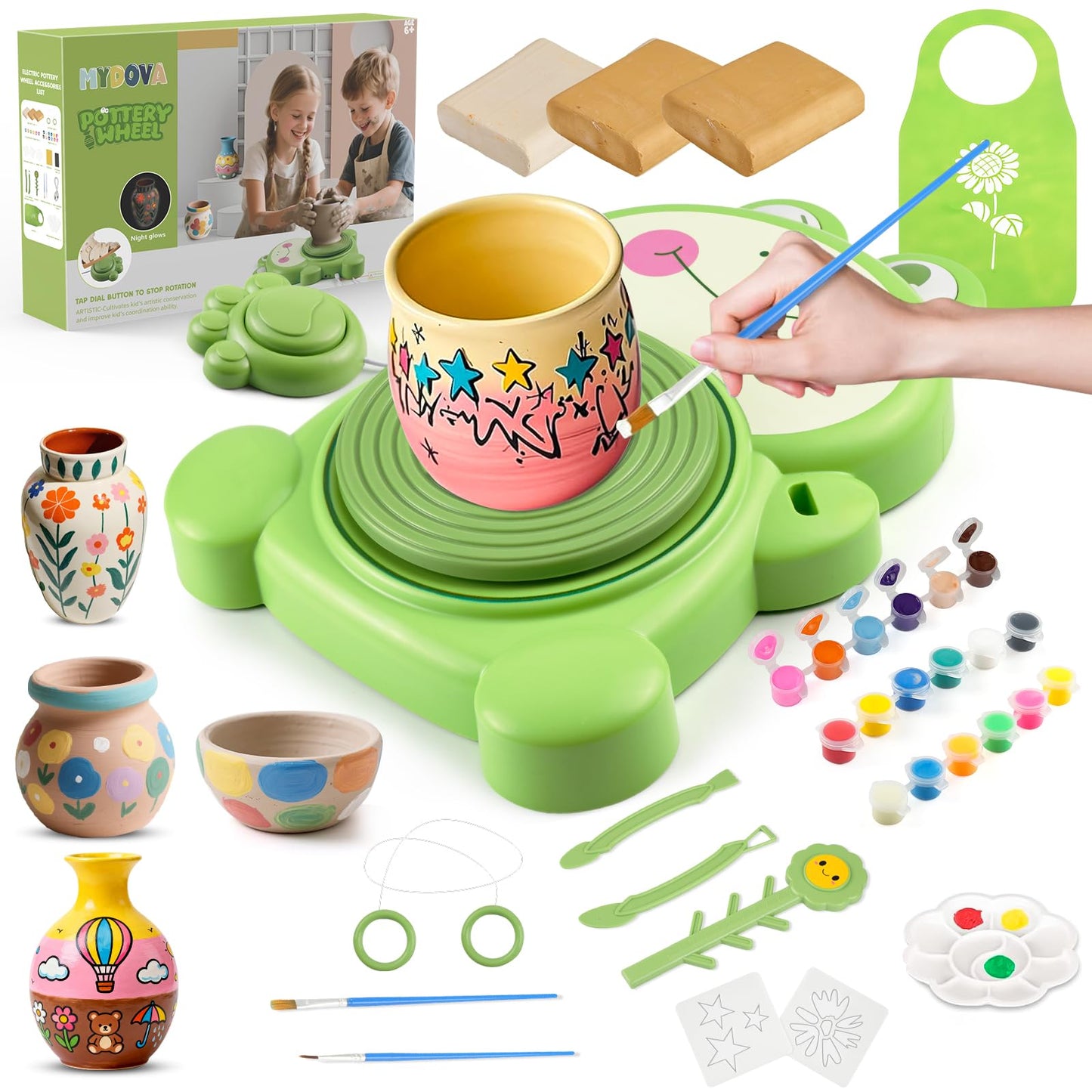 MYDOVA Pottery Wheel for Kids, Complete Pottery Painting Kit Arts and Crafts for Kids Ages 6-12 with 3 Pack Air Dry Clay&Clay Sculpting Tools&Foot