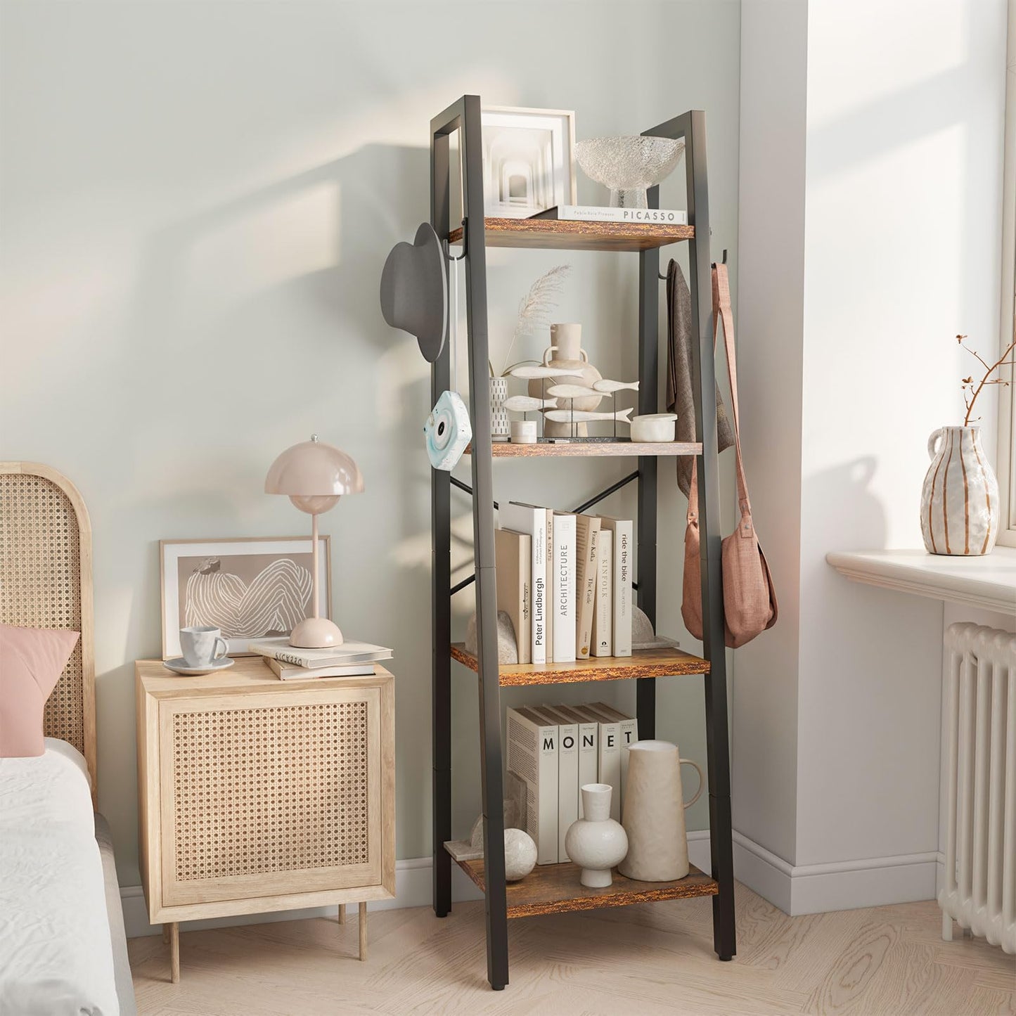 YMYNY 4 Tier Ladder Bookshelf, Height 125CM Bookcase, Freestanding Storage Organiser Shelves, Shelving Unit for Living Room Bedroom, Kitchen, Plant